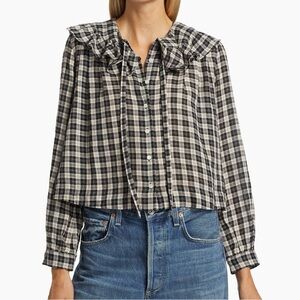DOEN Joelle Plaid Preppy Academia Ruffle Peter Pan Collar Cotton Blouse Size XS